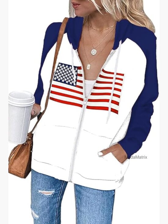 Tops - Zip Up Hoodie Women's American Flag Graphic Long Sleeve Color Block with Pockets